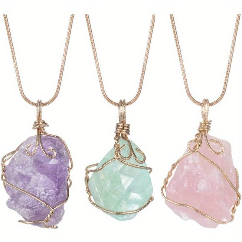 3 Pcs Natural Rock Quartz Pendant Necklace - MysticPavilion