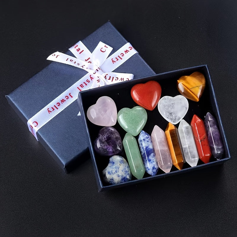 14 Pcs Chakra Stone Gift Box Set - Heart & Hexagon Gems for Love Attraction & Meditation - MysticPavilion