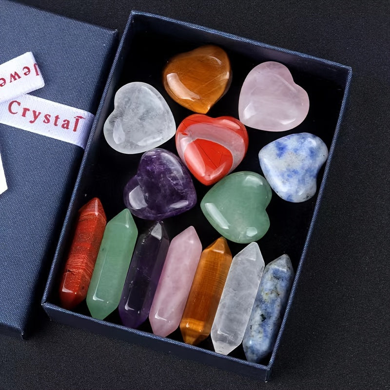 14 Pcs Chakra Stone Gift Box Set - Heart & Hexagon Gems for Love Attraction & Meditation - MysticPavilion