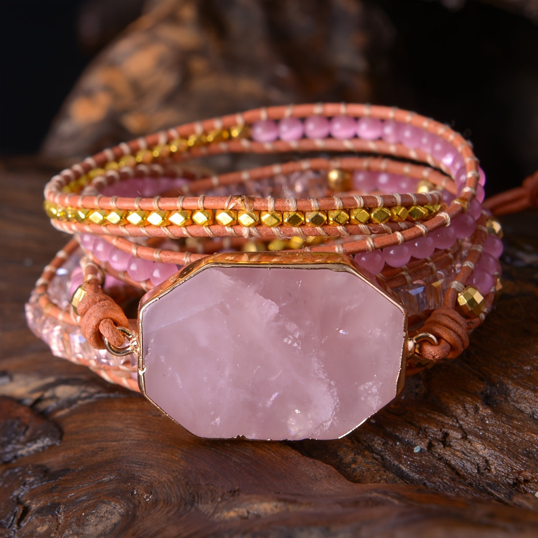 Boho Rose Quartz Wrap Leather Bracelet for Love & Harmony - MysticPavilion