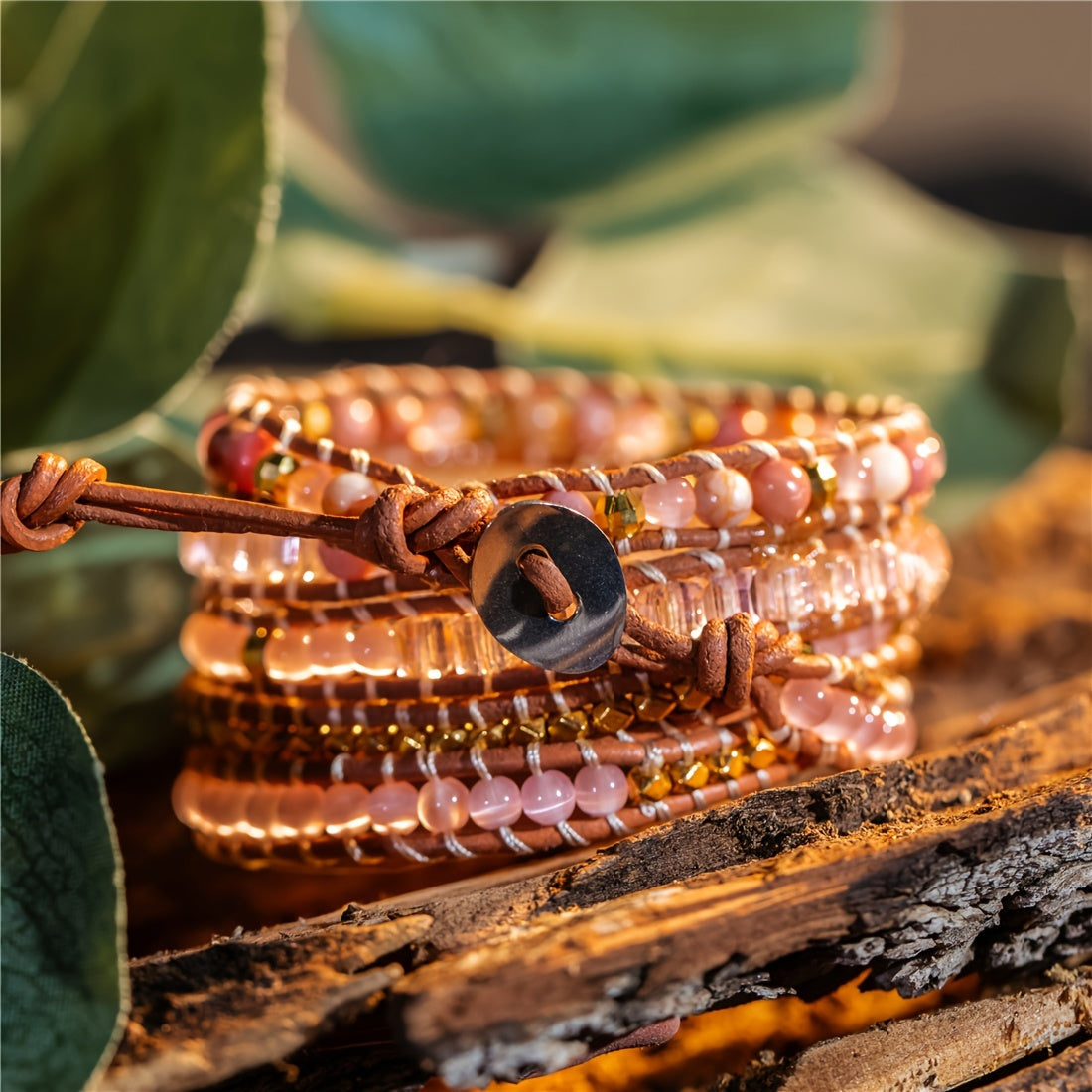 Boho Rose Quartz Wrap Leather Bracelet for Love & Harmony - MysticPavilion