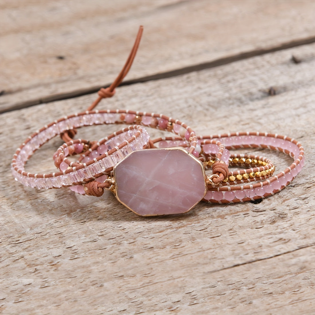 Boho Rose Quartz Wrap Leather Bracelet for Love & Harmony - MysticPavilion