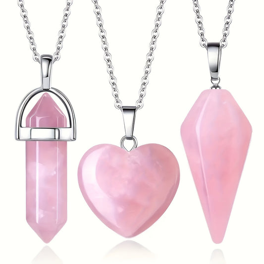3 Pcs Rose Quartz Crystal Pendant Necklaces For Love And Harmony - MysticPavilion