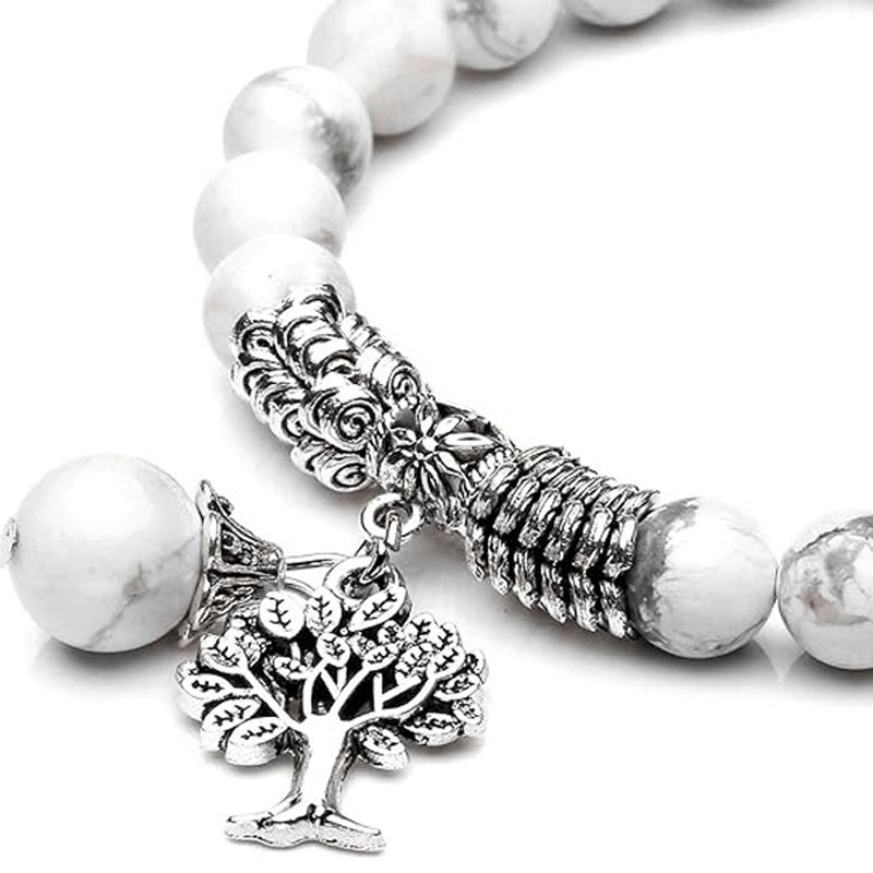 White Turquoise Tree of Life Bracelet with Lucky Stone Amulet for Reiki Healing & Birthstone Energy - MysticPavilion