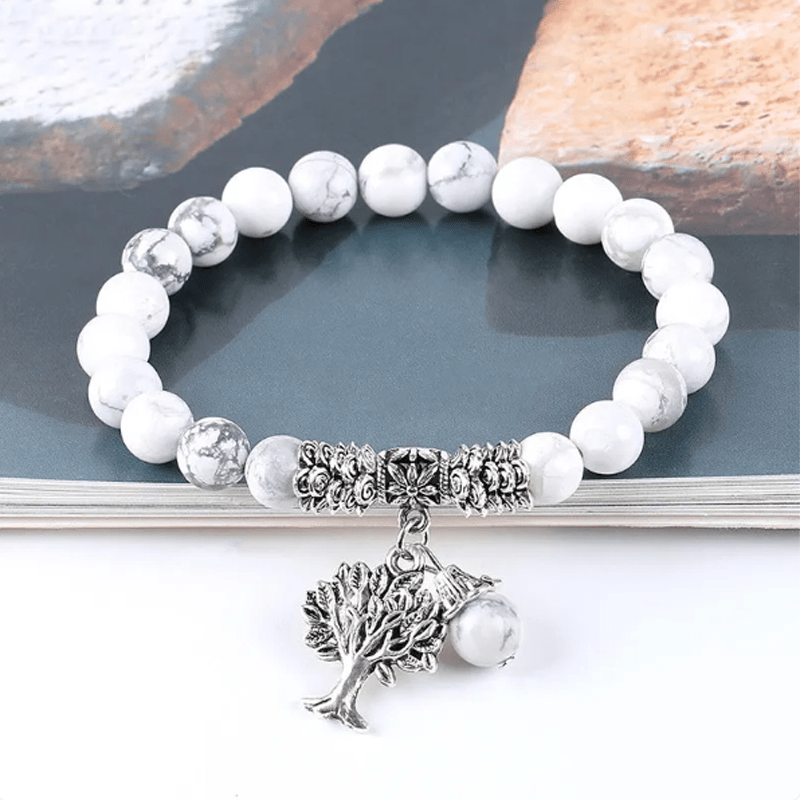 White Turquoise Tree of Life Bracelet with Lucky Stone Amulet for Reiki Healing & Birthstone Energy - MysticPavilion