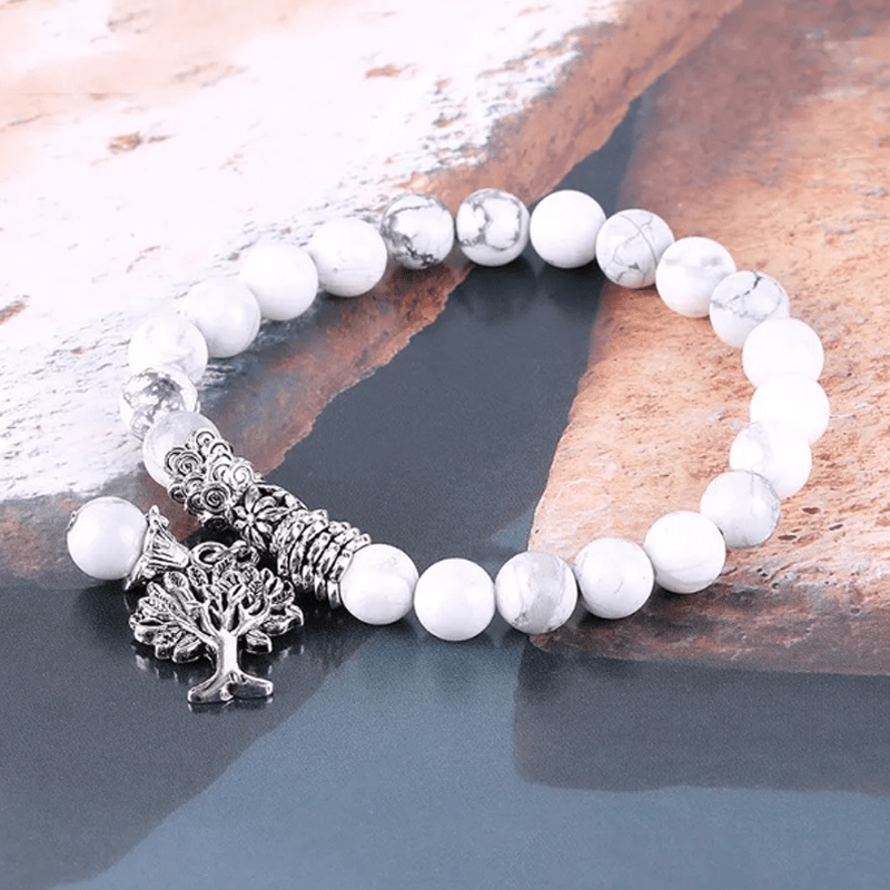 White Turquoise Tree of Life Bracelet with Lucky Stone Amulet for Reiki Healing & Birthstone Energy - MysticPavilion