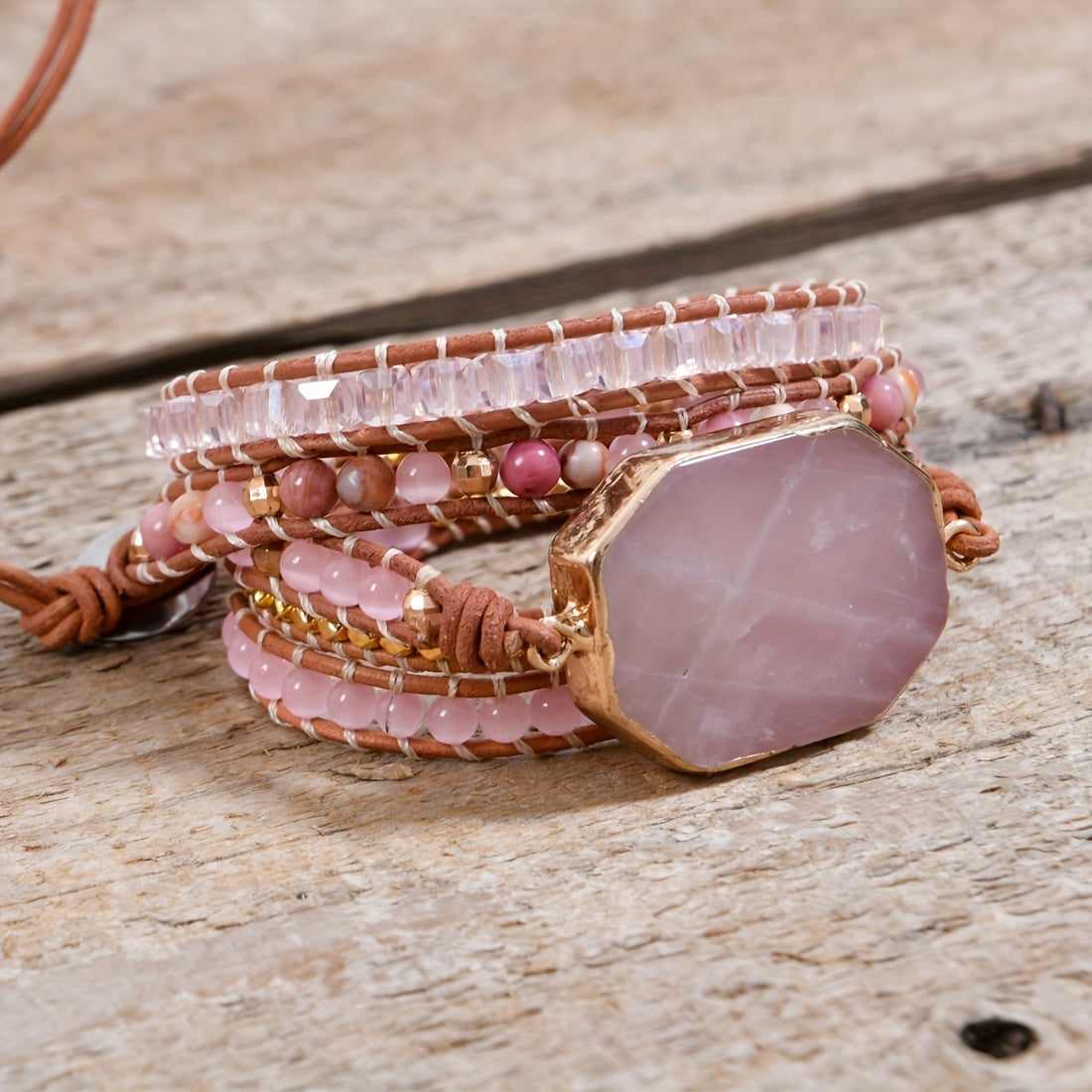 Boho Rose Quartz Wrap Leather Bracelet for Love & Harmony - MysticPavilion