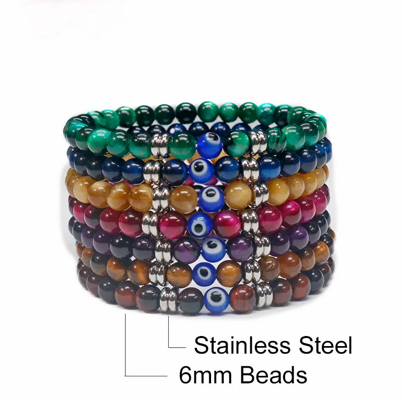Tiger Eye Beaded Blue Evil Eye Bracelet For Protection & Strength - MysticPavilion