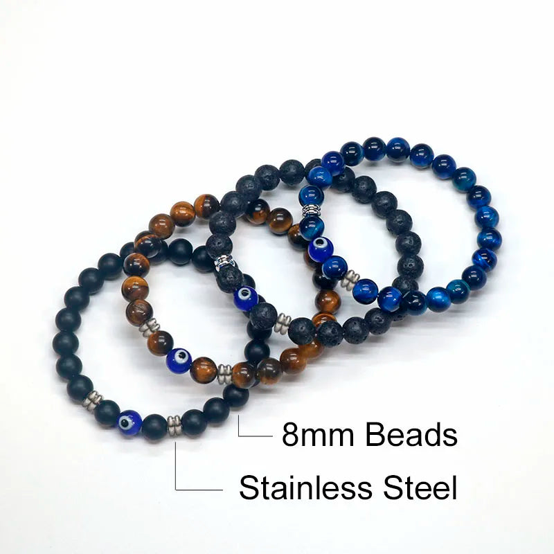 Tiger Eye Beaded Blue Evil Eye Bracelet For Protection & Strength - MysticPavilion