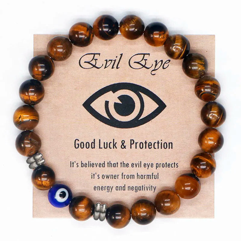 Tiger Eye Beaded Blue Evil Eye Bracelet For Protection & Strength - MysticPavilion
