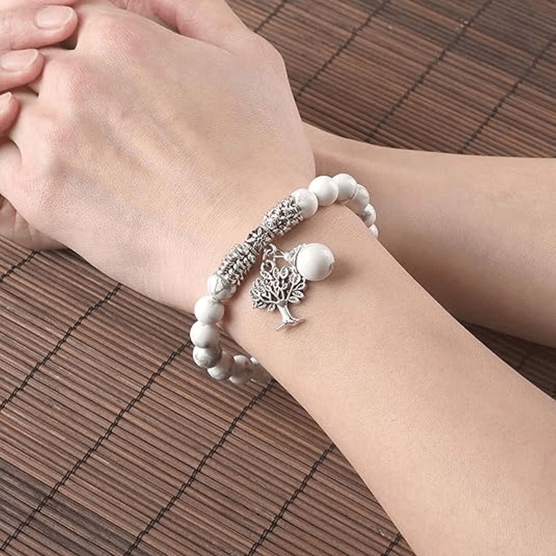 White Turquoise Tree of Life Bracelet with Lucky Stone Amulet for Reiki Healing & Birthstone Energy - MysticPavilion