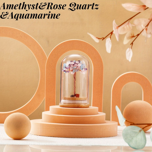 Natural Crystal Chakra Tree of Life with Glass Cover and Wooden Base - Good Luck Money Tree for Prosperity and Wealth - MysticPavilion