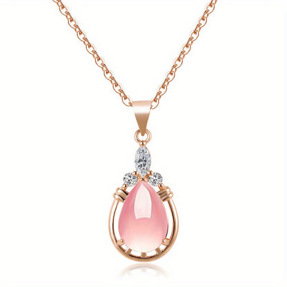 Temperamental Necklace - Drop-Shaped Pink Rose Quartz Pendant with Simple O-Shaped Clavicle Chain