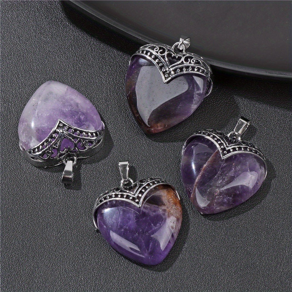 4 Pcs Large Natural Heart Crystal Necklace - Healing Pendant for Love and Spiritual Meditation