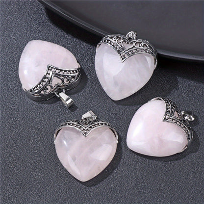 4 Pcs Large Natural Heart Crystal Necklace - Healing Pendant for Love and Spiritual Meditation