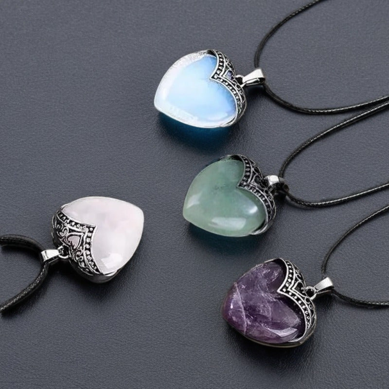 4 Pcs Large Natural Heart Crystal Necklace - Healing Pendant for Love and Spiritual Meditation