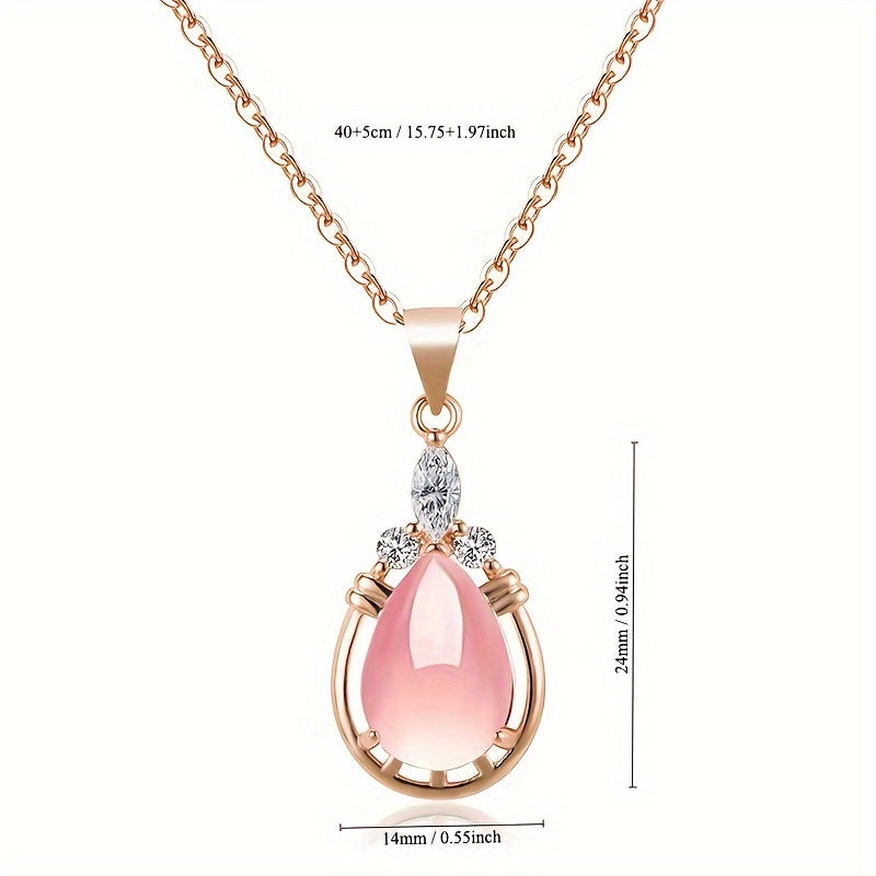 Temperamental Necklace - Drop-Shaped Pink Rose Quartz Pendant with Simple O-Shaped Clavicle Chain