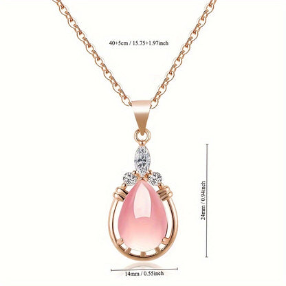 Temperamental Necklace - Drop-Shaped Pink Rose Quartz Pendant with Simple O-Shaped Clavicle Chain