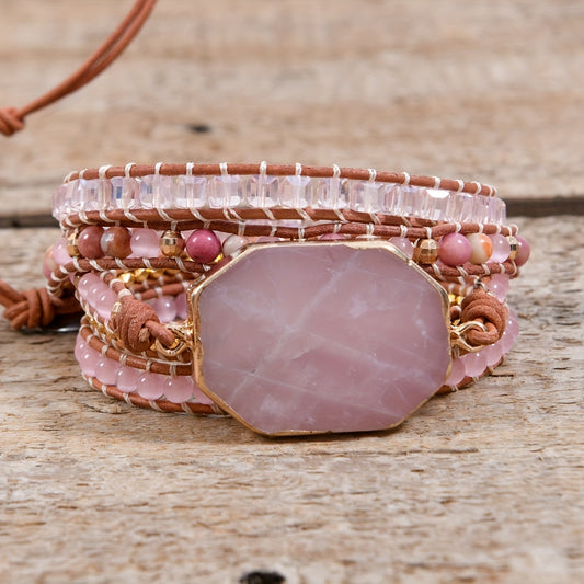 Boho Rose Quartz Wrap Leather Bracelet for Love & Harmony - MysticPavilion