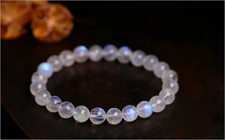 Natural Blue Light Moonstone Rainbow Crystal Beads Bracelet for Intuition, Balance, and Love - MysticPavilion