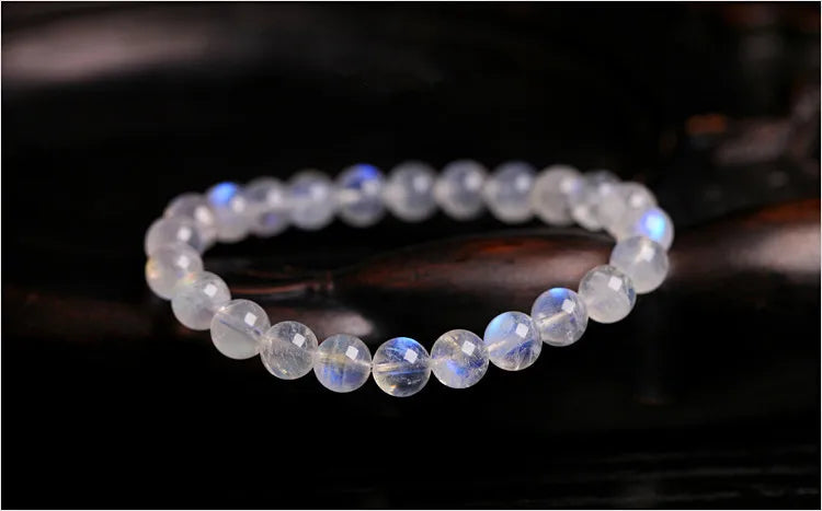 Natural Blue Light Moonstone Rainbow Crystal Beads Bracelet for Intuition, Balance, and Love - MysticPavilion