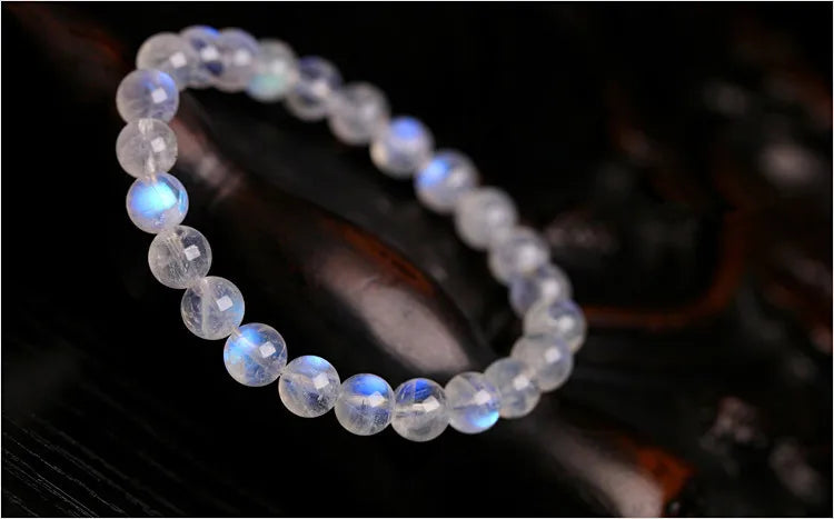 Natural Blue Light Moonstone Rainbow Crystal Beads Bracelet for Intuition, Balance, and Love - MysticPavilion