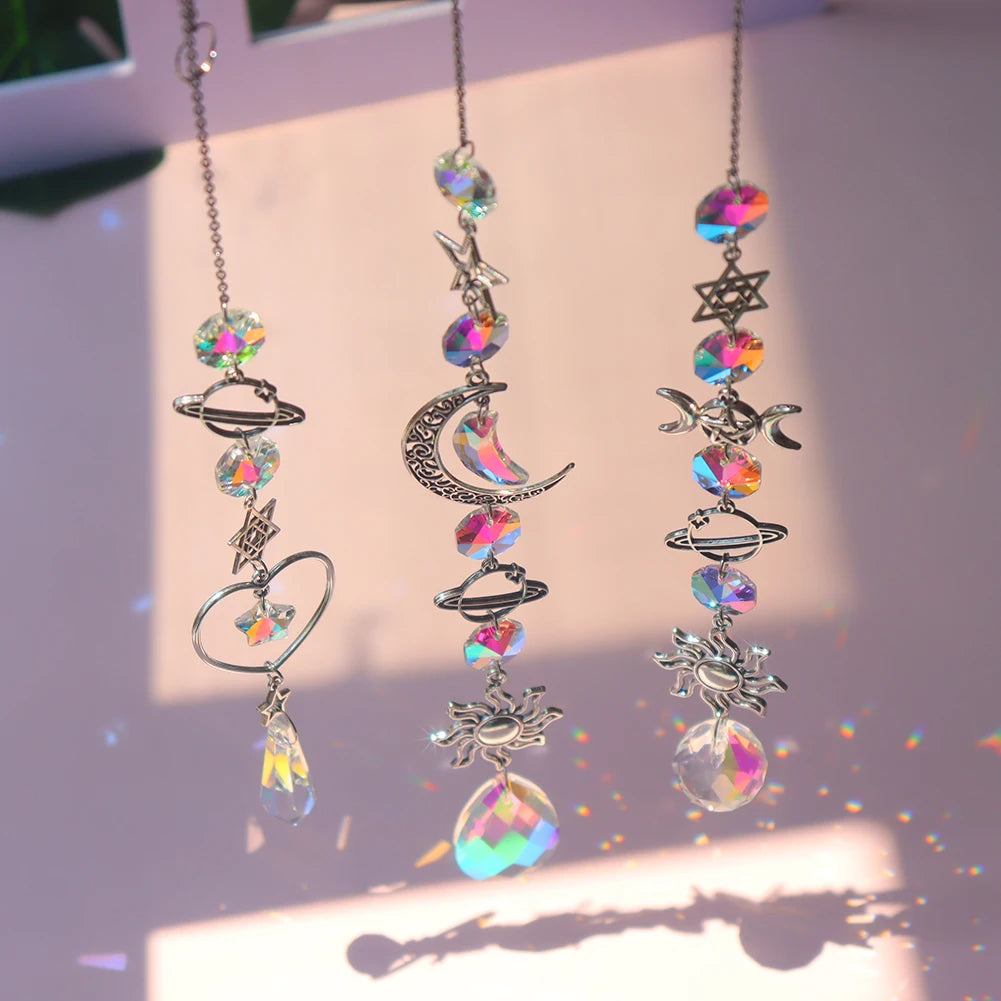 Crystal Moon Suncatcher Wind Chime | Feng Shui Rainbow Prism for Home Harmony & Peace