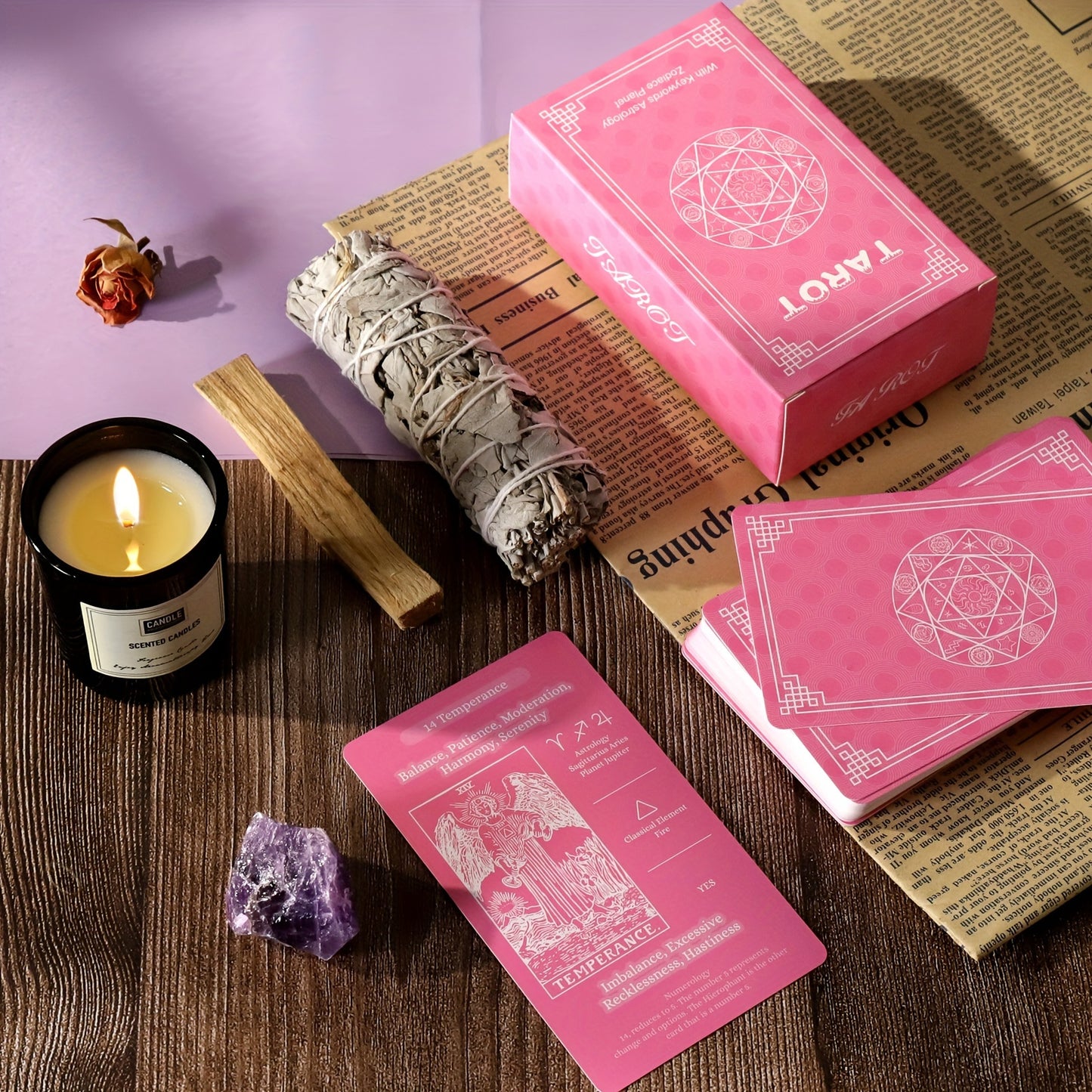 Tarot Cards Gift Set with Guide Book, Pink Tarot Deck, Tarot Cloth & Chakra Stones for Beginners