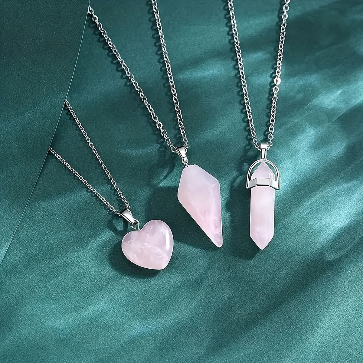 3 Pcs Rose Quartz Crystal Pendant Necklaces For Love And Harmony